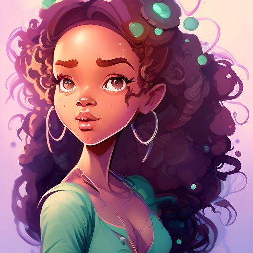 Mystical, Dreamlike, Soft Lighting, wispy, Ethereal, Fantasy, Highly detailed, Digital painting, Artstation, trending, by loish and ross tran and artgerm, Polished, magical., black woman, velvety dark skin, green eyes, curly hair, Pop art, Video game asset file, UHD character details, Ben Bocquelet, Gumball Watterson, 1950's, Whimsical, Rasquache, Wimmelbilder, Hanna-Barbera, 2d game art
