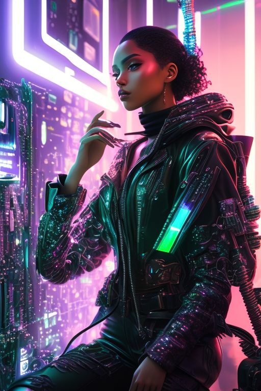 Mystical, Dreamlike, Soft Lighting, wispy, Ethereal, Fantasy, Highly detailed, Digital painting, Artstation, trending, by loish and ross tran and artgerm, Polished, magical., Digital illustration, Hyperrealistic photography, black woman, velvety dark skin, green eyes, curly hair, cyberpunk, blade runner-esque, Post-apocalyptic, Canon 5D, nikon d750, Futuristic, cybernetic, Neon, dystopian, Urban, Digital, holographic, Metallic, grungy, high-tech, Glitch, synthetic, augmented reality, Intricate, Scenic, hyper-realistic, hyper-detailed, 8k, Materials used ((such as metal, plastic, Glass, led lights, circuit boards and wires, Leather, textured fabrics)), Neon lights, cool muted colors ((such as blue, green, and purple)), High contrast, High contrast between light and dark, Dramatic shadowy scenes, Digital glitches ((such as pixelation, distortion, and static)), Red accents, Monochromatic color scheme ((such as black and white)), Holographic effects ((such as prisms and reflections)), Syd Mead, Masamune Shirow, Katsuhiro Otomo, Artgerm, Wlop