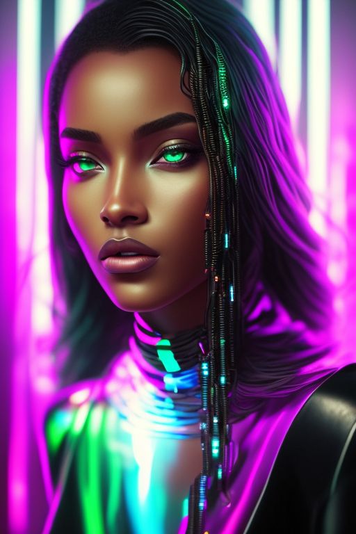 Mystical, Dreamlike, Soft Lighting, wispy, Ethereal, Fantasy, Highly detailed, Digital painting, Artstation, trending, by loish and ross tran and artgerm, Polished, magical., Digital illustration, Hyperrealistic photography, black woman, velvety dark skin, green eyes, curly hair, cyberpunk, blade runner-esque, Post-apocalyptic, Canon 5D, nikon d750, Futuristic, cybernetic, Neon, dystopian, Urban, Digital, holographic, Metallic, grungy, high-tech, Glitch, synthetic, augmented reality, Intricate, Scenic, hyper-realistic, hyper-detailed, 8k, Materials used ((such as metal, plastic, Glass, led lights, circuit boards and wires, Leather, textured fabrics)), Neon lights, cool muted colors ((such as blue, green, and purple)), High contrast, High contrast between light and dark, Dramatic shadowy scenes, Digital glitches ((such as pixelation, distortion, and static)), Red accents, Monochromatic color scheme ((such as black and white)), Holographic effects ((such as prisms and reflections)), Syd Mead, Masamune Shirow, Katsuhiro Otomo, Artgerm, Wlop