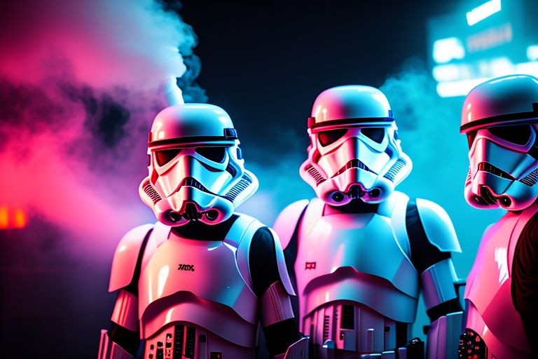 cruel-oryx392: three stormtroopers underneath the neon lights of coruscant  with smoke coming out from their masks