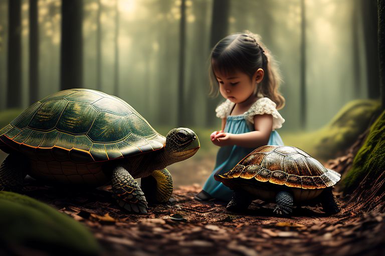 The little girl hold a turtle in the beautiful forrest
