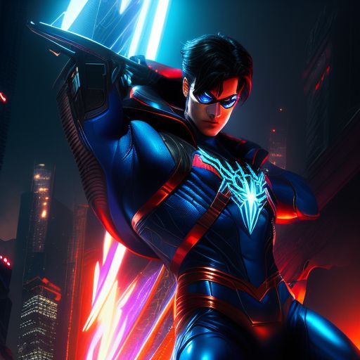 Cyberpunk Nightwing with spiderman suit , Neon lighting, dramatic low-angle shot, Matte painting, High detail, Trending on Artstation, Intricate, digital art by stanley "artgerm" lau and frank frazetta, Sharp focus.