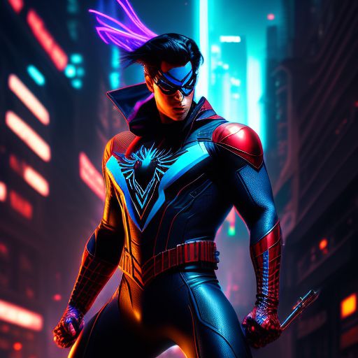 Cyberpunk Nightwing with spiderman suit , Neon lighting, dramatic low-angle shot, Matte painting, High detail, Trending on Artstation, Intricate, digital art by stanley "artgerm" lau and frank frazetta, Sharp focus.