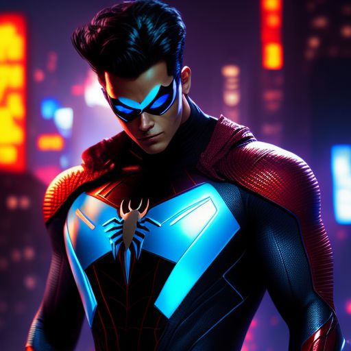 Cyberpunk Nightwing with spiderman suit , Neon lighting, dramatic low-angle shot, Matte painting, High detail, Trending on Artstation, Intricate, digital art by stanley "artgerm" lau and frank frazetta, Sharp focus.