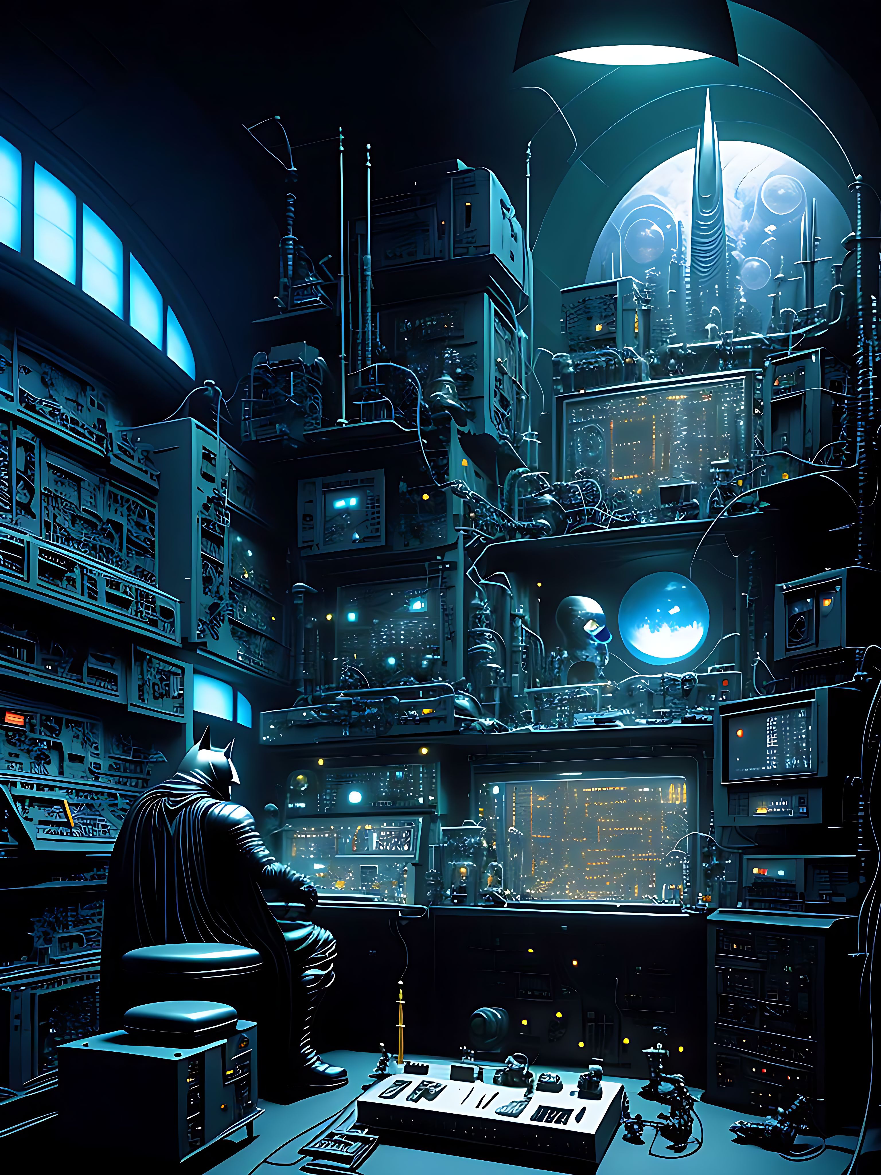 dreamrezzer batman in his bat cave working in his advanced technology