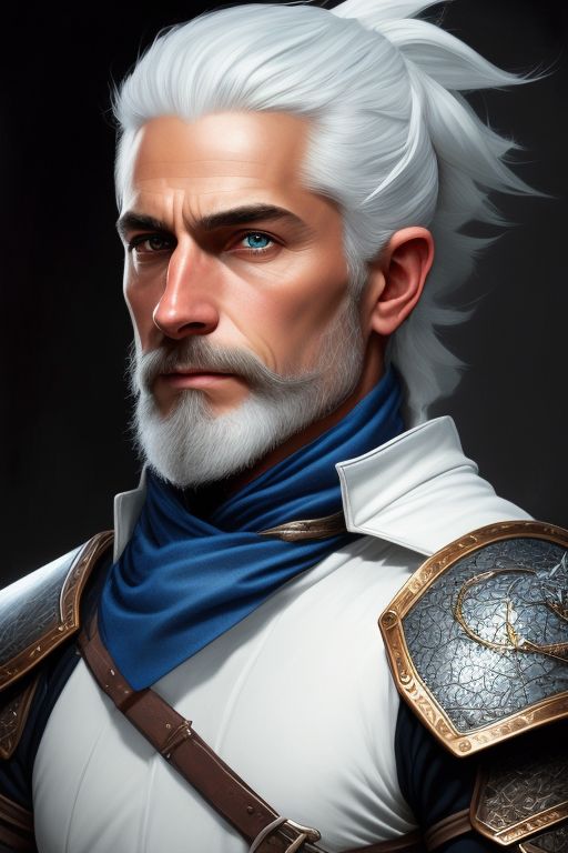 D&D portrait of, Male Dragon Rider Ranger. Silver hair with a hint blue kept neatly in a half ponytail and a short beard. Platinum dragon companion., fantasy d&d style, Rim lighting, perfect line quality, high pretty realistic quality oil painting, art by norman rockwell, Centered, dark outlines, perfect white balance, color grading, 16K, Dynamic pose, Sharp, Sharp edges