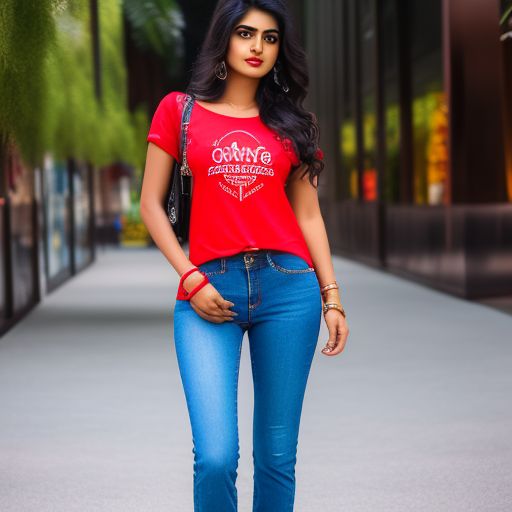 tart-eagle432: realistic photo of 20 year old beautiful indian girl wearing  red t shirt and blue jeans, mall behind, full body shot