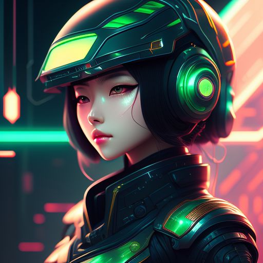 farwombat162 anime lineart girl with a scifi helmet with chromatic aberration green tone