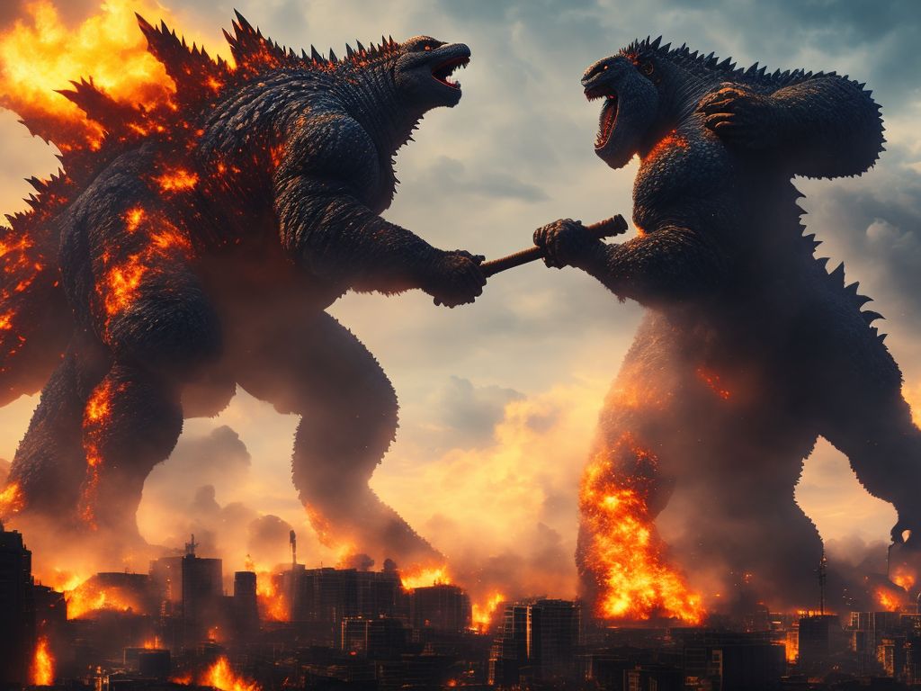 calm-ram45: godzilla releasing blue fire, giant gorilla with an axe, in the  background a destroyed city, sky with clouds and half yellowish