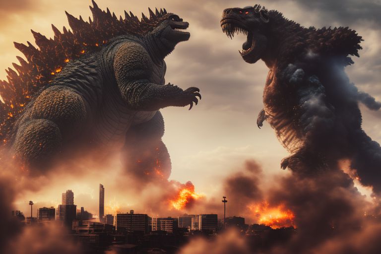 calm-ram45: godzilla releasing blue fire, giant gorilla, in the background  a destroyed city, sky with clouds and half yellowish