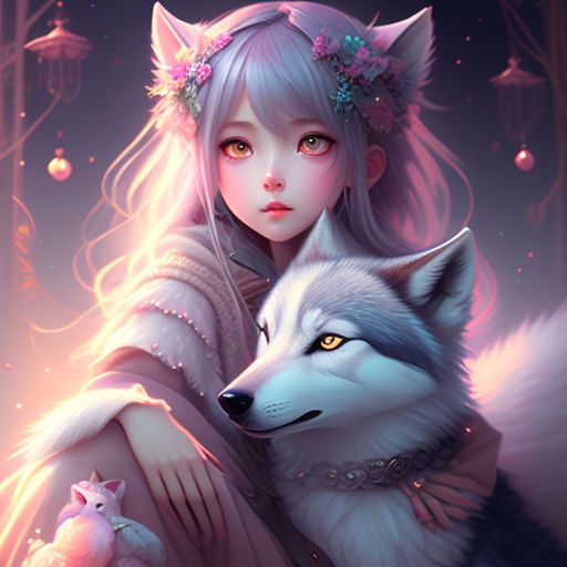 anime girl and wolf