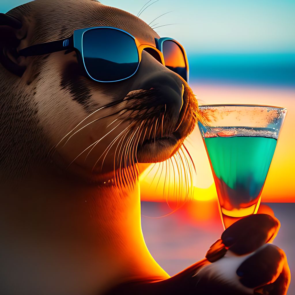 Sea Lion, dressed as a tourist, smiling, realistic, drinking a drink, sunglasses. Paradise beach, sunset, dramatic colors., Sunny day, 32k, Vice city, Hyperrealistic photography, Natural light, Cinematic composition