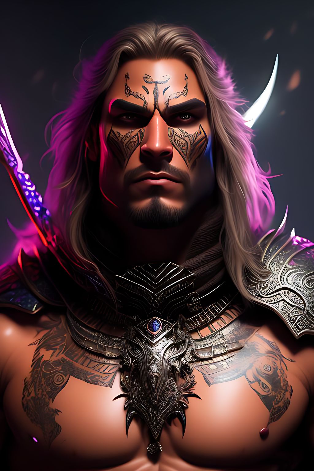 an imposing warrior, with tribal tattoos on his face /  silver armor / bright Eyes/ highlights / fur scarf/ he-man/ super detailed/ warcraft, Lightning, moonlight, apple orchard, purple, black, Green, Blue, White, Fog, lighting strike in background, Terrifying, Grotesque, disgusting, Haunting, menacing, Fine details, Intricate details, Studio photo, Rich color, Sensual, Fantasy, Photorealistic, Ultra detailed, Vibrant lighting, Realistic textures, Hyperrealistic, Shine