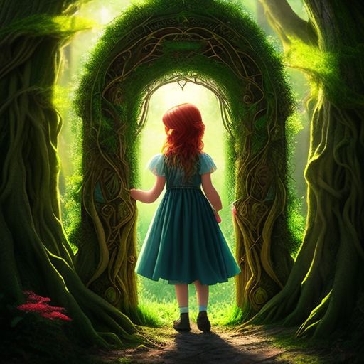 haunting-fox606: Illustrate an enchanting moment in the magical forest as  Lucy, a curious little girl with bright red hair and big, sparkling green  eyes, eagerly grasps the shiny brass handle of the