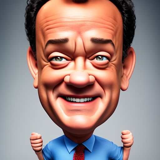 super funny realistic cartoon caricature of tom hanks with gala smoonkei, big head small body, Smile face, super iper funny