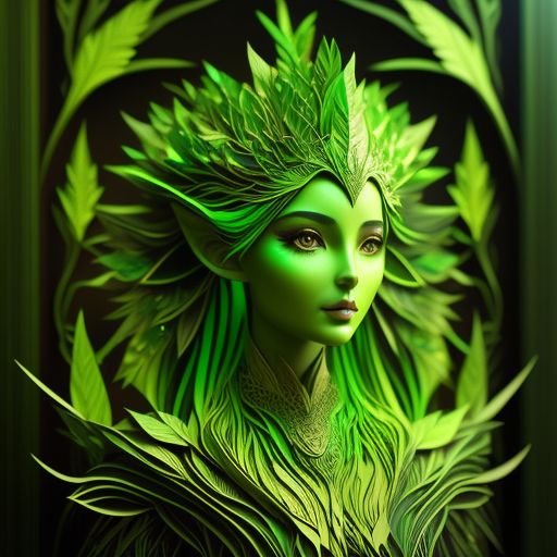 Green wispy magical nature spirit, Spring leaves magical clothing,((eladrin)), emanating glowing green flaming aura,((((green chlorophyll colored skin)))), (paper cutout art style), Wood grain, art nuevo, Origami, Sharp line quality, Art by alphonse mucha, 32k uhd, Octane render