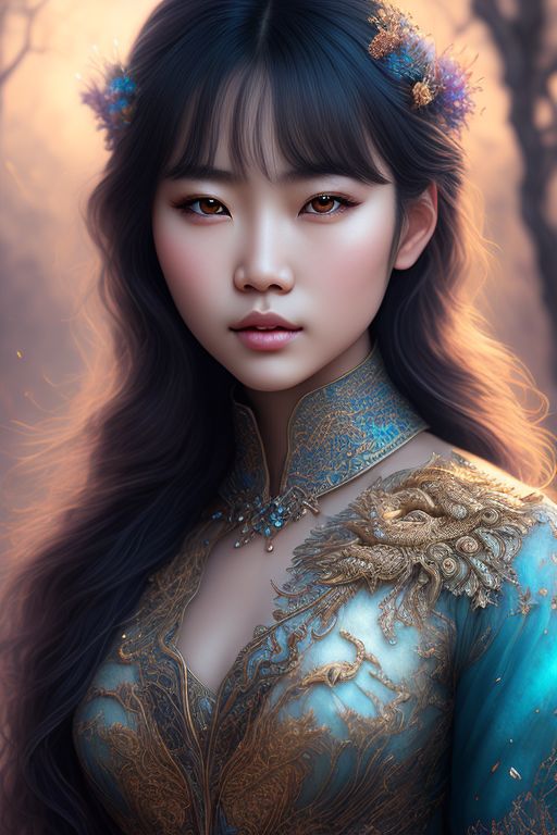 Beautiful Asian woman, woman, Asian, young, grey eyes, thick eyelashes, dark hair, wavy hair, bangs, dark wavy hair, dragon scales, dragon woman, dragon, horns, eastern dragon, floral, opal, opals, ethereal, gorgeous, beautiful, full body, light eyes, blue eyes, Photography, powerfull colors, Modern, Fantasy concept art, 32k resolution, best quality, Masterpiece, Natural light, Insanely detailed, 8k resolution, Fantasy art, Detailed painting, Hyper Realism, Photorealistic, by carguilar, beautiful detailed intricate, Insanely detailed, natural skin, soft impressionist perfect composition, award-winning photograph, Kids story book style, Muted colors, Watercolor style