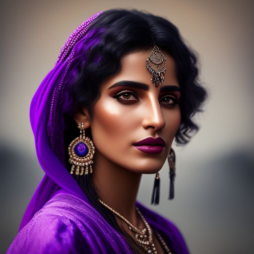 KookyCreator: black hair gypsy woman in purple, Romanian, modern, 8k,  realistic, photographic, portrait