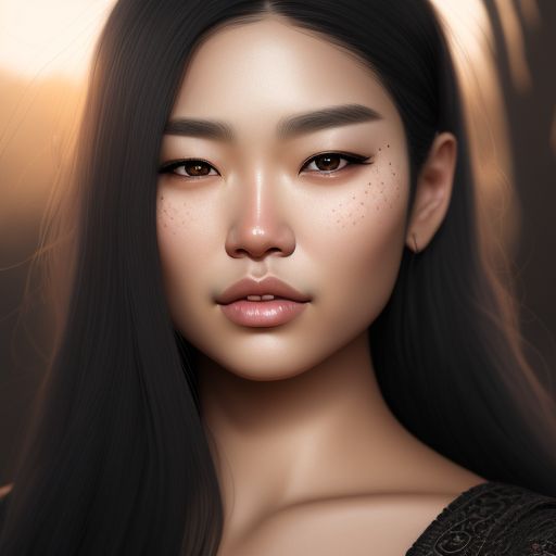 Japanese, Native American, and German mixed Woman. Dark round shaped Eyes. Thin eyebrows, wide face shape, apple cheeks, Deep Cleft chin. Small round nose., Black and white, low lighting, close-up shot, Emotional, Raw, introspective, Digital painting, art by loish and ross tran, Trending on Artstation, highly detailed.