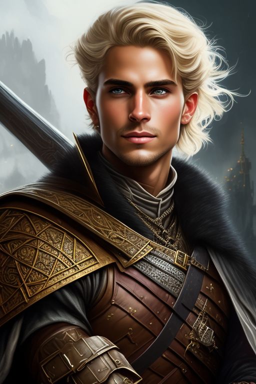 D&D portrait of, A 30-year-old handsome human fighter prince of a technologically advanced kingdom. He has blonde hair, brown eyes and tan skin., fantasy d&d style, Rim lighting, perfect line quality, high pretty realistic quality oil painting, art by norman rockwell, Centered, dark outlines, perfect white balance, color grading, 16K, Dynamic pose, Sharp, Sharp edges