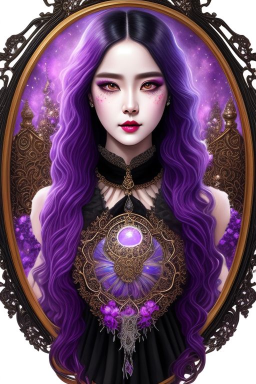 Watercolor, ornate, intricate details, beautiful moon goddess, magic crystal ball, gothic style, hyper-realistic fantasy art, digital illustration, full shot, black colorful, blouse and miniskirt, Full body, purple flowers, background is white, soft brush strokes, etch, , Big round eyes. purple eyes, Brown long wavy hair, Sunghoon Jung art style