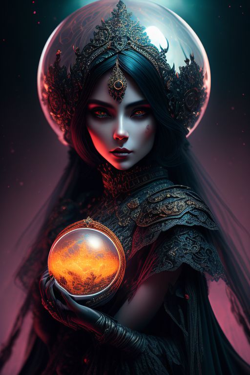 ornate, intricate details, beautiful moon goddess, magic crystal ball, gothic style, hyper-realistic fantasy art, digital illustration, full shot, black colorful, Dark background, intricate design, Highly detailed, Digital painting, trend on artstation, Concept art, ethereal and ominous, art by kuvshinov ilya and eve ventrue and alex negrea and daniel kamarudin, Sharp focus.