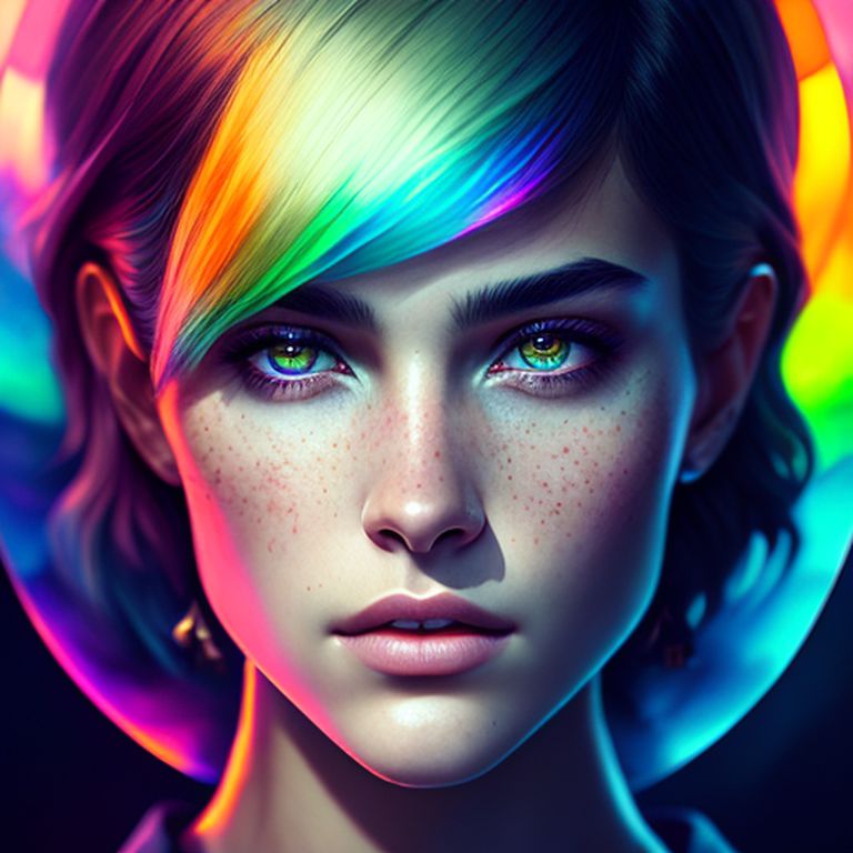 Young teenage girl, small cute face, medium bobcut hair,
Gradient rainbow hair, full view
 , Masterpiece, best quality, Photography, Photorealistic, nice shot, Portrait, Fullbody, full body photography, Canon EOS R6, Handsome, Beautiful, Elegant, Cute, good-looking, good anatomy, Realistic, human like, Lifelike, Real human skin, Sharp details, symmetry, Symmetrical face, Atmospheric, Cinematic, Cinematic lighting, Cinematic composition, Dramatic Lighting, character concept, Surrealism, Illustration, Concept art, Watercolor, ีืunreal engine, Digital illustration, Fantasy, Luxury, Highly detailed, Intricate details, insane details, HDR, Soft light, uplight, 8k
