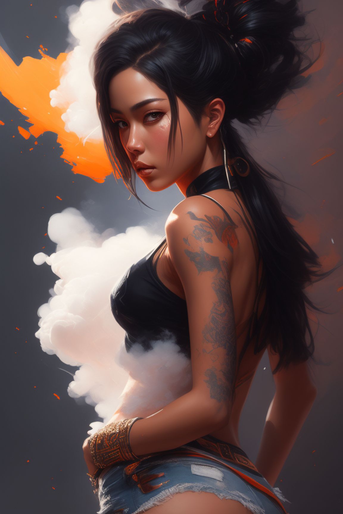 MINIDEM: Concept art by Max Twain, hyper-realistic portrait ((middle  ground)) of a beautiful young woman with cute facial features dressed in a  white tank top and denim shorts, black short hair, perfect