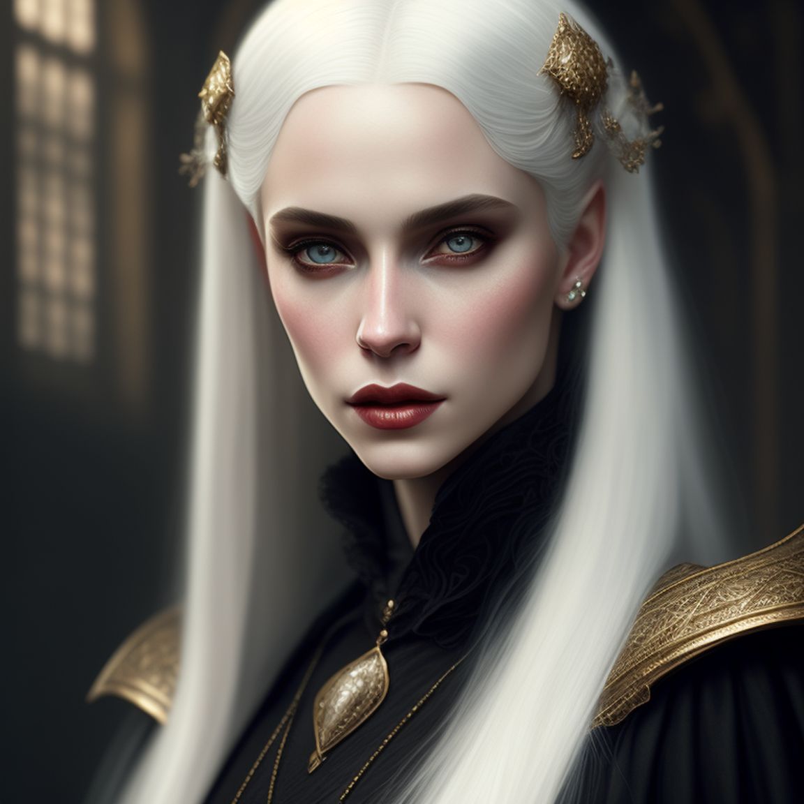 A young medieval albino vampire woman with white hair. , Regal, dignified, official, formal, detailed clothing, Dark background, Warm lighting, digital portrait by greg rutkowski and alphonse mucha, Trending on Artstation, Highly detailed, Sharp focus, Intricate, elegant., Gothic romanticism
