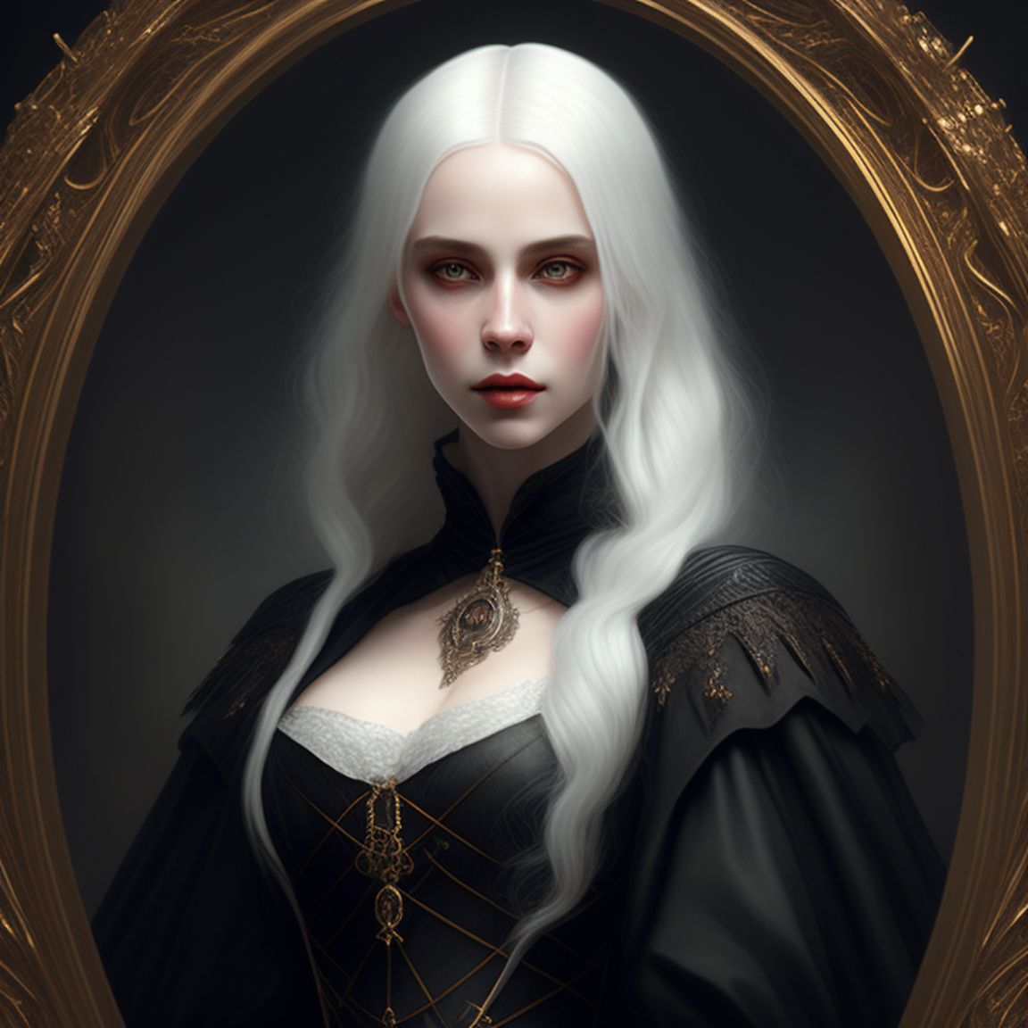 A young medieval albino woman with white hair. Vampire esque , Regal, dignified, official, formal, detailed clothing, Dark background, Warm lighting, digital portrait by greg rutkowski and alphonse mucha, Trending on Artstation, Highly detailed, Sharp focus, Intricate, elegant., Gothic romanticism