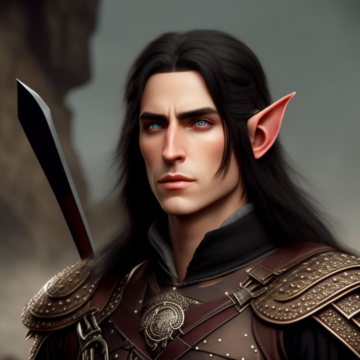 portrait of a cocky high-elf in his twenties with semi-long black hair and brown eyes, medieval setting, Highly detailed, wears studded leather armor, wields a rapier.