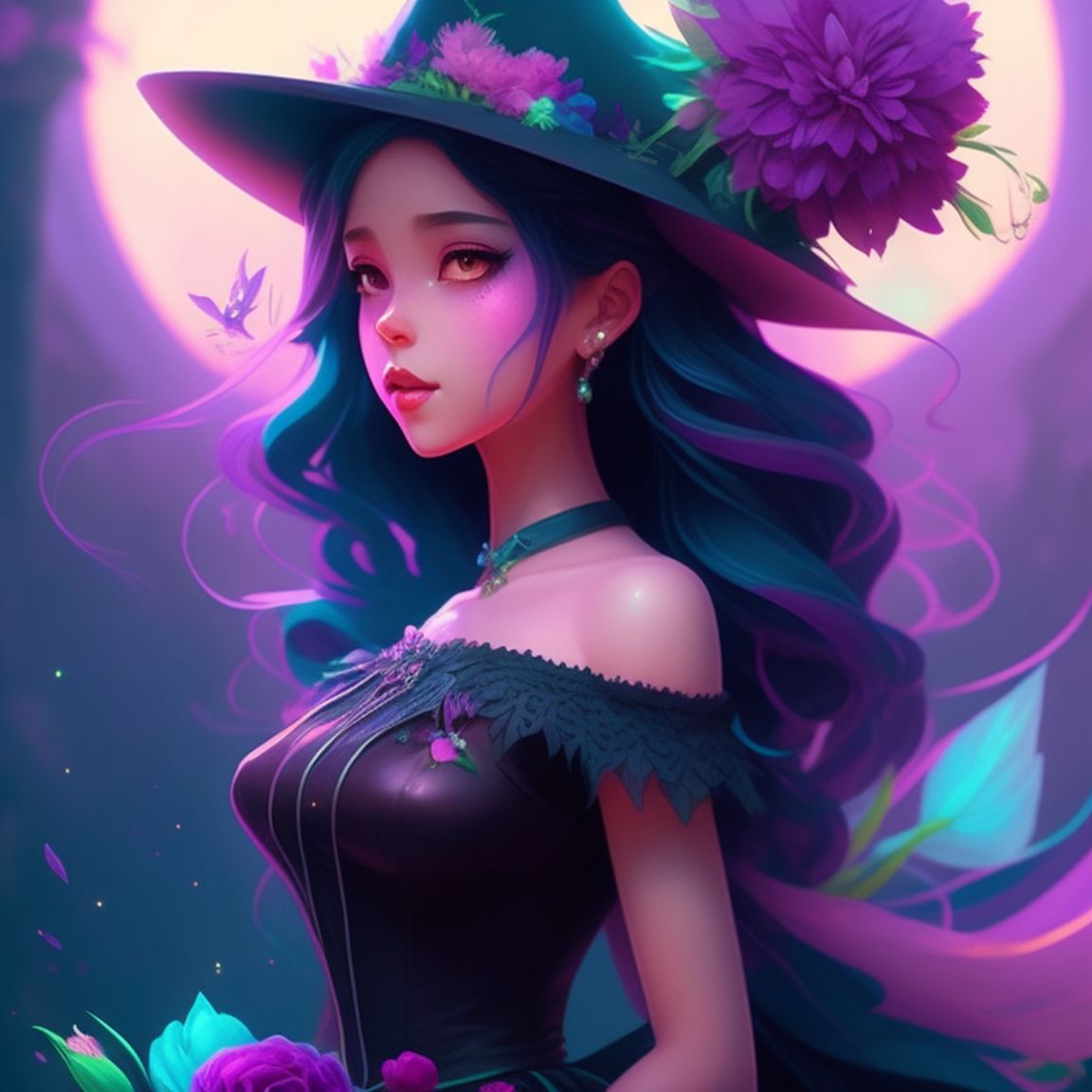 Purple witch girl black, colorful mural, wearing a flowy dress and holding a bouquet of flowers, Soft Lighting, Dreamlike, Whimsical, Digital painting, Highly detailed, art by lois van baarle and loish and ross tran and rossdraws and sam yang and samdoesarts and artgerm, Trending on Artstation, instagram-worthy.