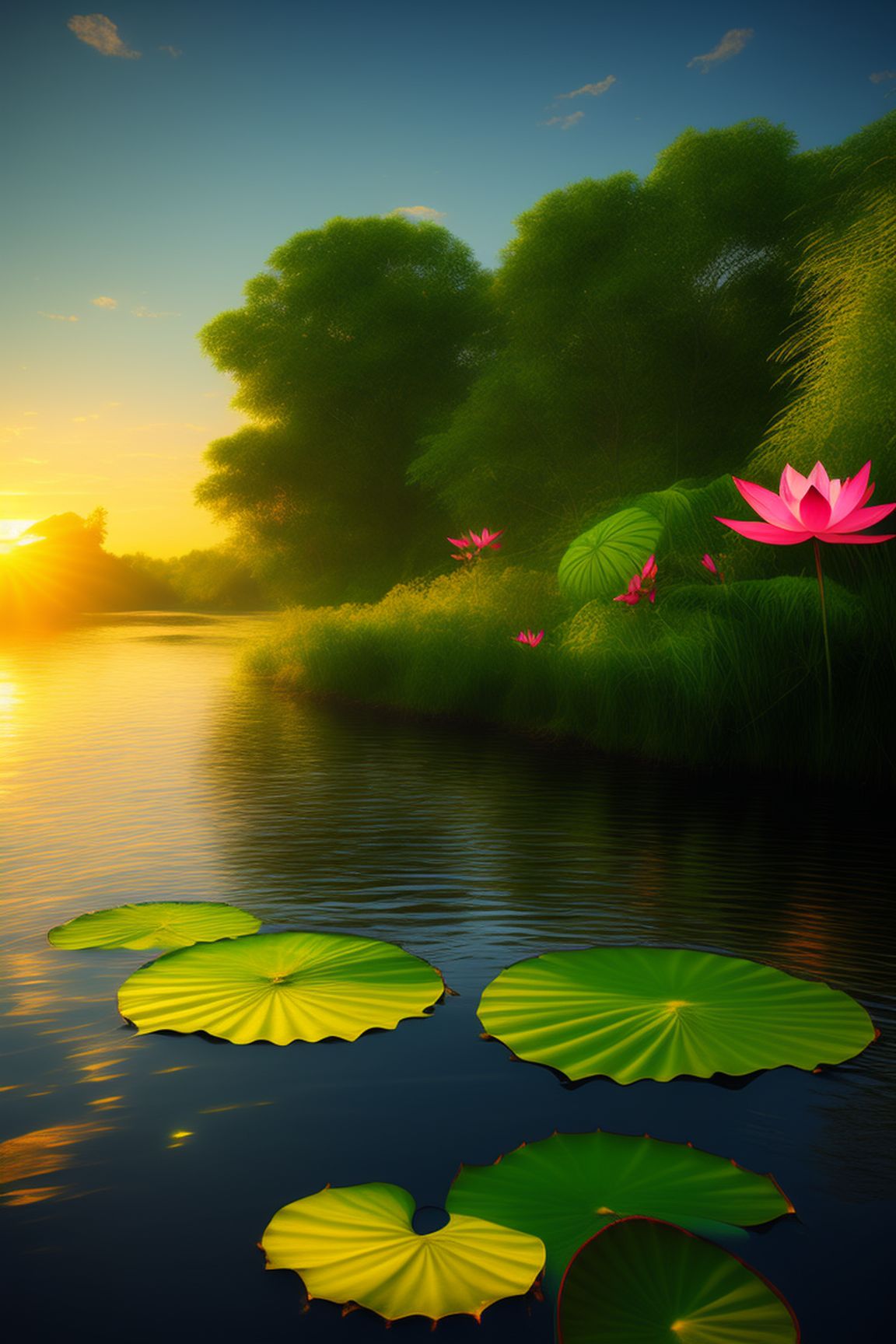 baggy-gnat532: sunrise in background, lotus in river, High resolution ...