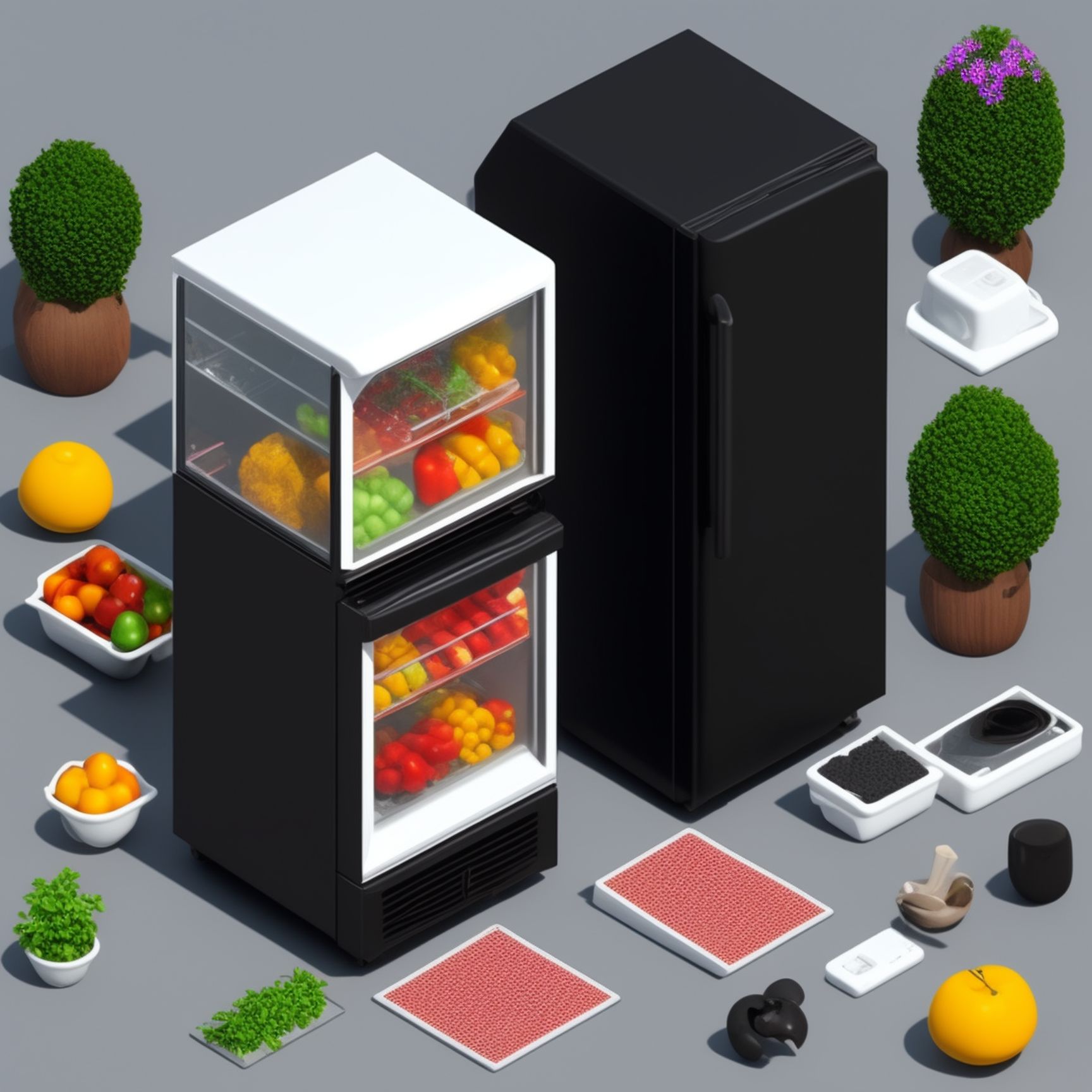 isometric black refrigerator, white background, Gardenscapes style, mobile game style, best quality, Realistic, 3d isometric, isometric view, random detailed, random environments, random color, random props, random furniture, highly orderliness, 8k, orderliness
