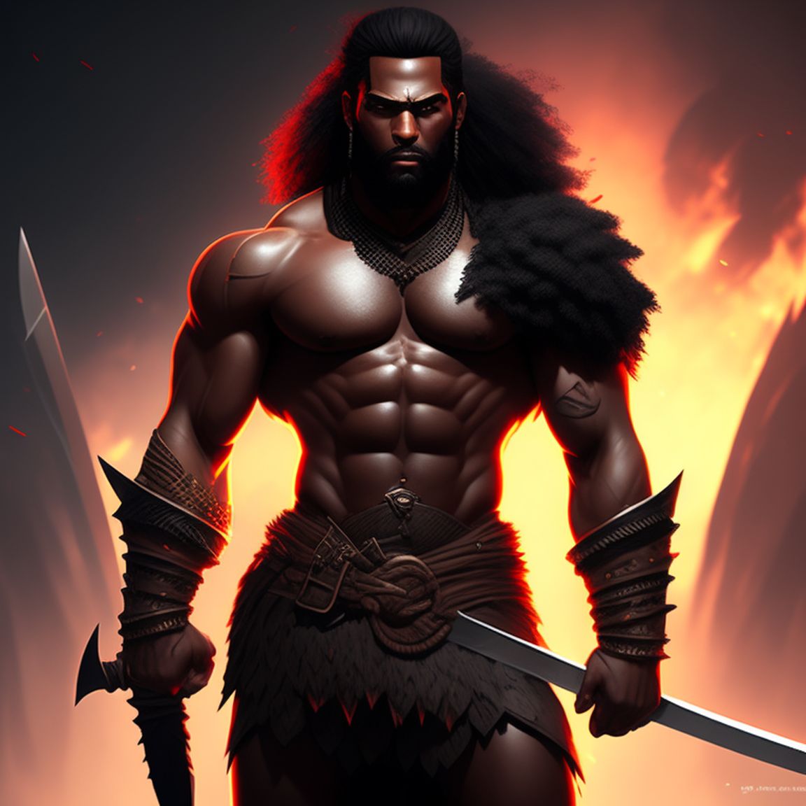 Armandiel: a male barbarian with black skin and a giant scimitar