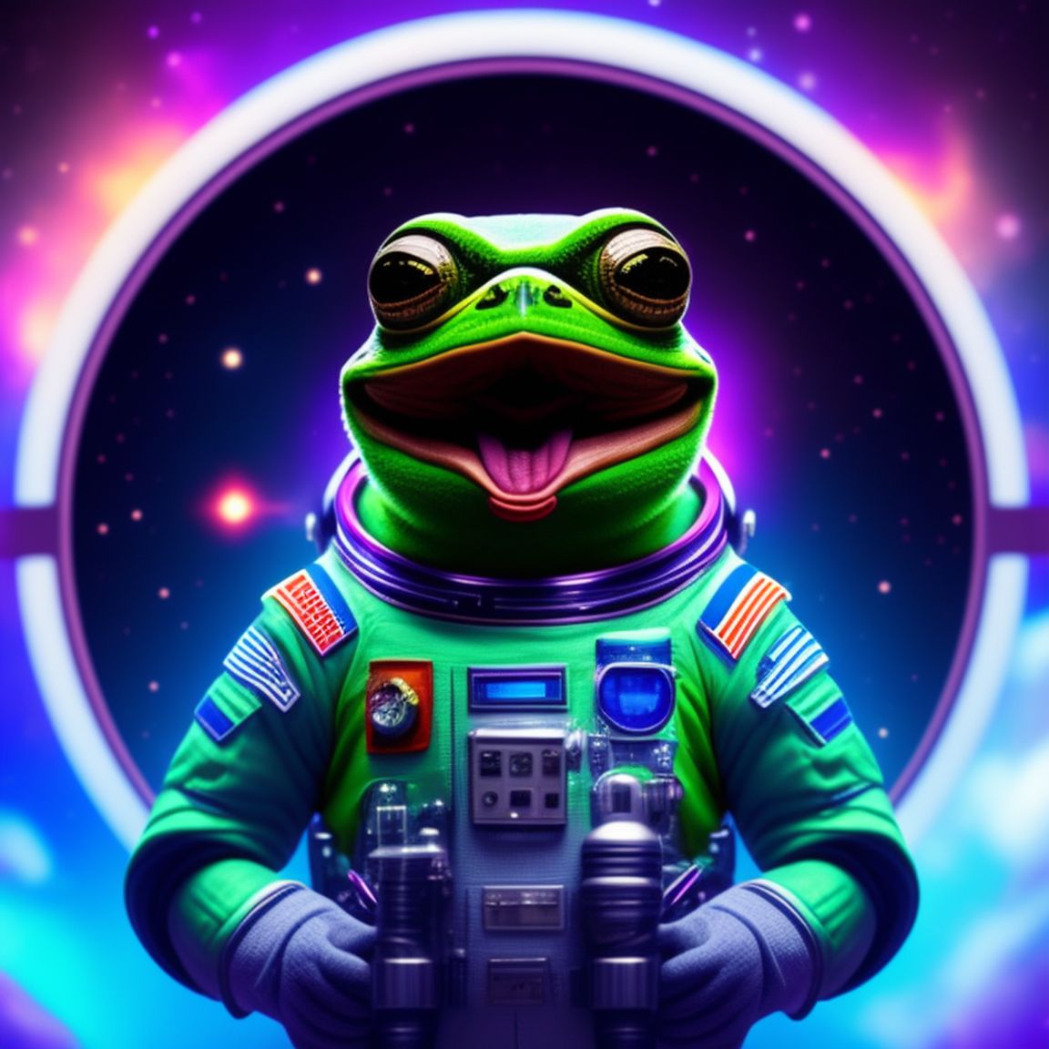 half-ostrich608: Green pepe Frog with tongue out. Astronaut suit. With frog  hands. universe in the background. Astronaut suit