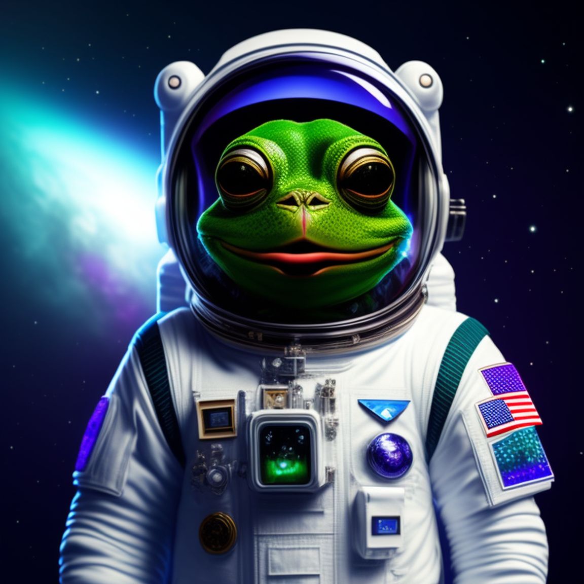 Green pepe Frog with tongue out. Astronaut suit. With frog hands. universe in the background.
Astronaut suit, Detailed, Intricate, scientific, mathematical, Digital art, blue and purple lighting, Futuristic, by artificial intelligence, trending on artstation.