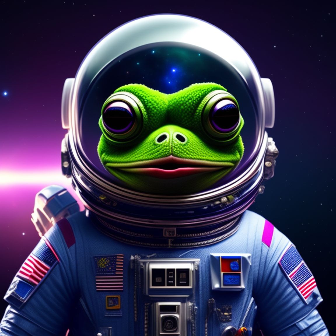 Green pepe Frog with tongue out. Astronaut suit. With frog hands. universe in the background.
Astronaut suit, Detailed, Intricate, scientific, mathematical, Digital art, blue and purple lighting, Futuristic, by artificial intelligence, trending on artstation.
