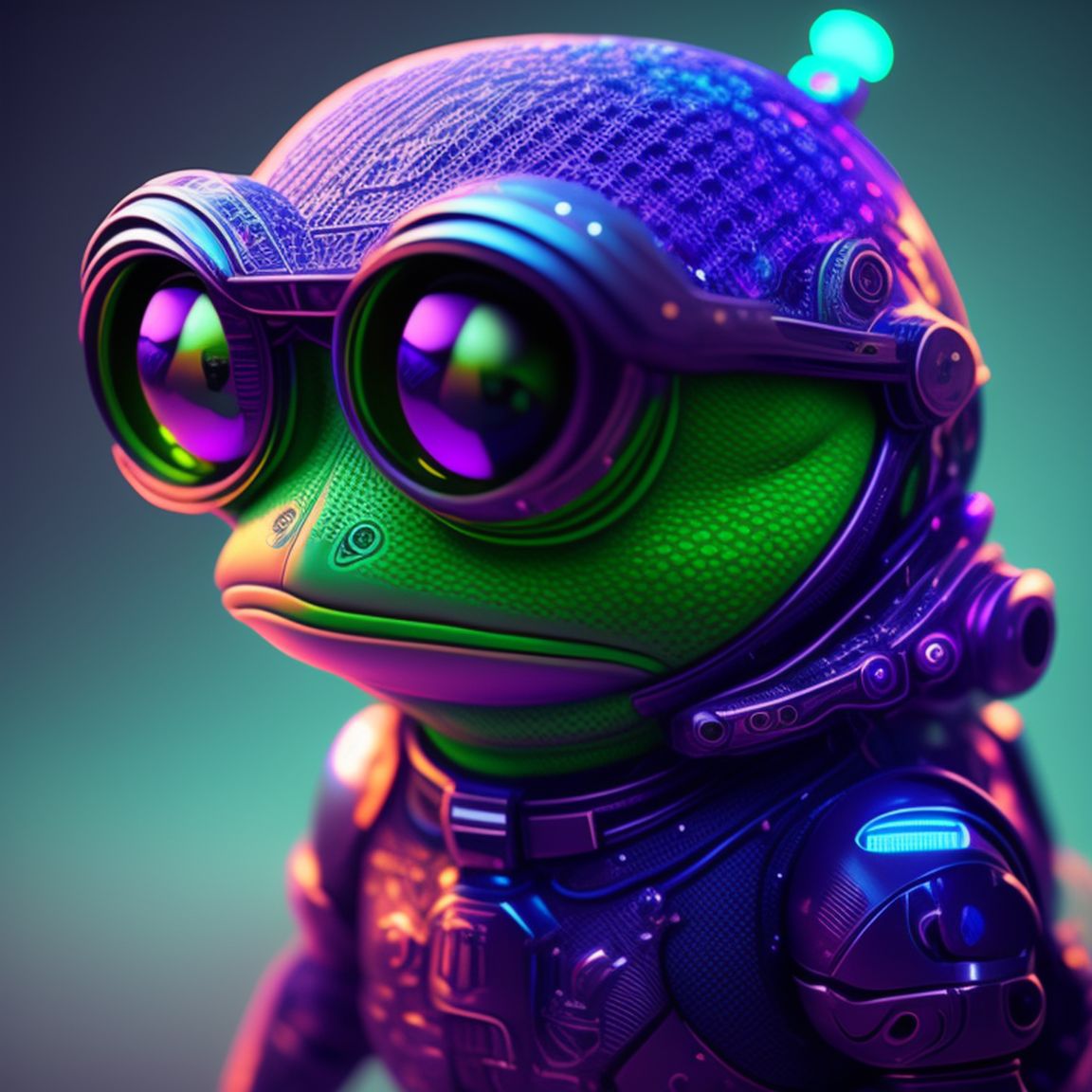 cute Green pepe Frog, Detailed, Intricate, scientific, mathematical, Digital art, blue and purple lighting, Futuristic, by artificial intelligence, trending on artstation.