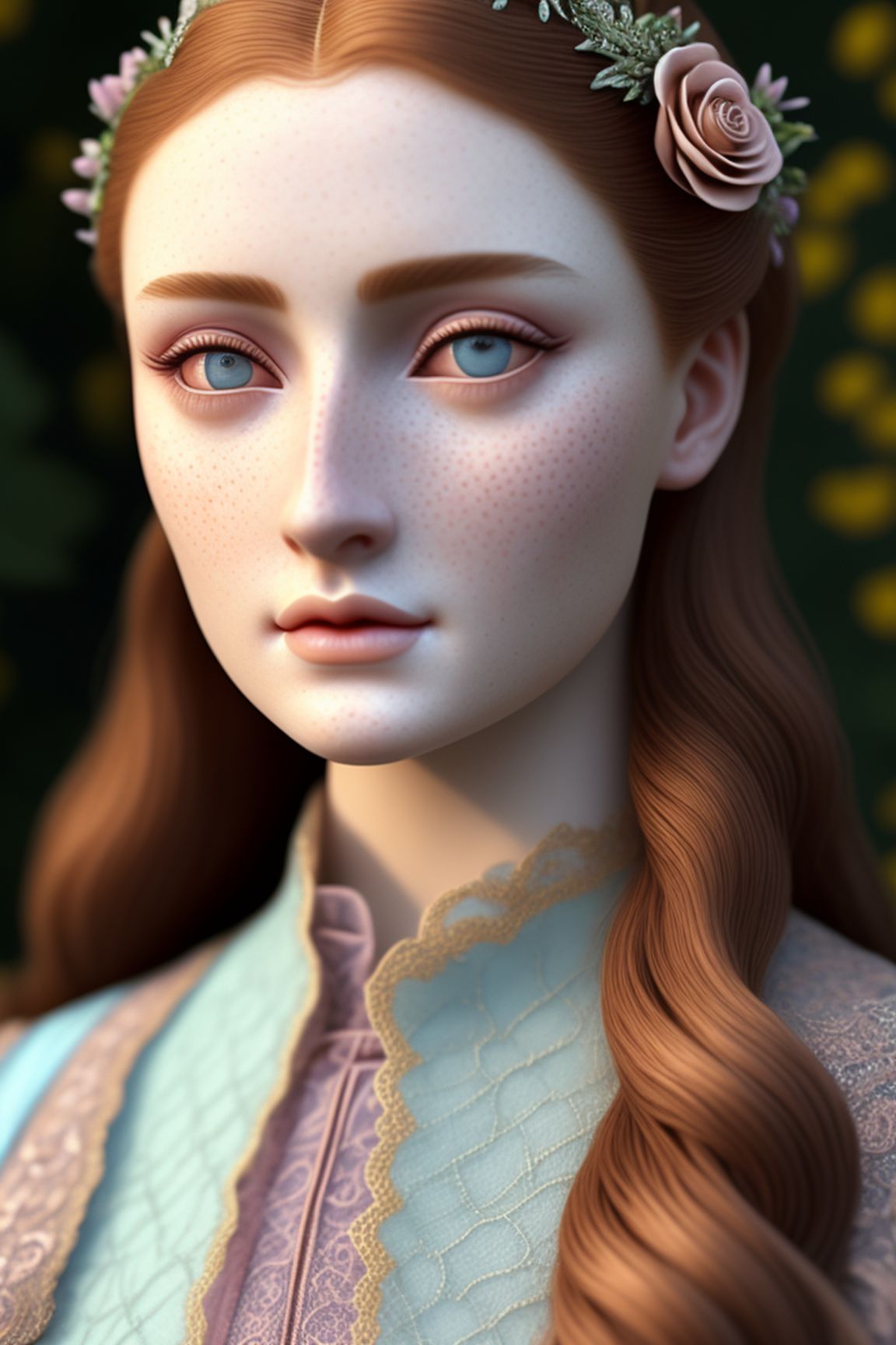 Sansa Stark, looks like Sansa Stark, face reference Sansa Stark, resembles Sansa Stark, Game of Thrones Sansa Stark, delicate beauty, doe eyes, rosebud lips, very realistic, pale skin with rosy cheeks and freckles over nose, pre-raphaelite art style, hyperrealistic details, sea blue eyes, pale skin with rosy cheeks, long auburn hair that shines like copper, round face and doll like feminine features, symmetrical irises, symmetrical pupils, symmetrical scleras, no extra arms, no extra legs, feminine frame, feminine clothing, lavender color scheme in clothing, robin egg blue color scheme in clothing, silk texture in clothing, spring colors, spring landscape, floral landscape, sandro botticelli inspired, italian renaissance inspired, sweet and somber facial expression, slight smile on lips, very elaborate details in both forefront and background, soft lighting, no stretching face, no stretching neck, no stretching torso, flower wreath in hair, halo effect, small cute ears, slightly tilted head, richly soft color palette in clothing, realistic skin details like freckles and pores, dainty and lady like, very winsome and romantic, rich faunlike beauty, fairytale princess beauty. , golden lighting, regal attire, Epic, Highly detailed, Digital painting, Artstation, Concept art, Sharp focus, art by magali villeneuve and rk post and greg rutkowski, Intricate, fantasy., Sansa stark, doe eyes, Round face, Rosebud lips, Auburn red hair , Pale skin, Very pale skin, Lavender dress, Robin blue dress, Painted in the style of sandro botticelli, Portrait painted in the style of john william waterhouse, Angelic , Doll like face, Soft blue eyes, Serene facial expression, Art by Dante Gabriel Rossetti, In the style of art by roberto ferri