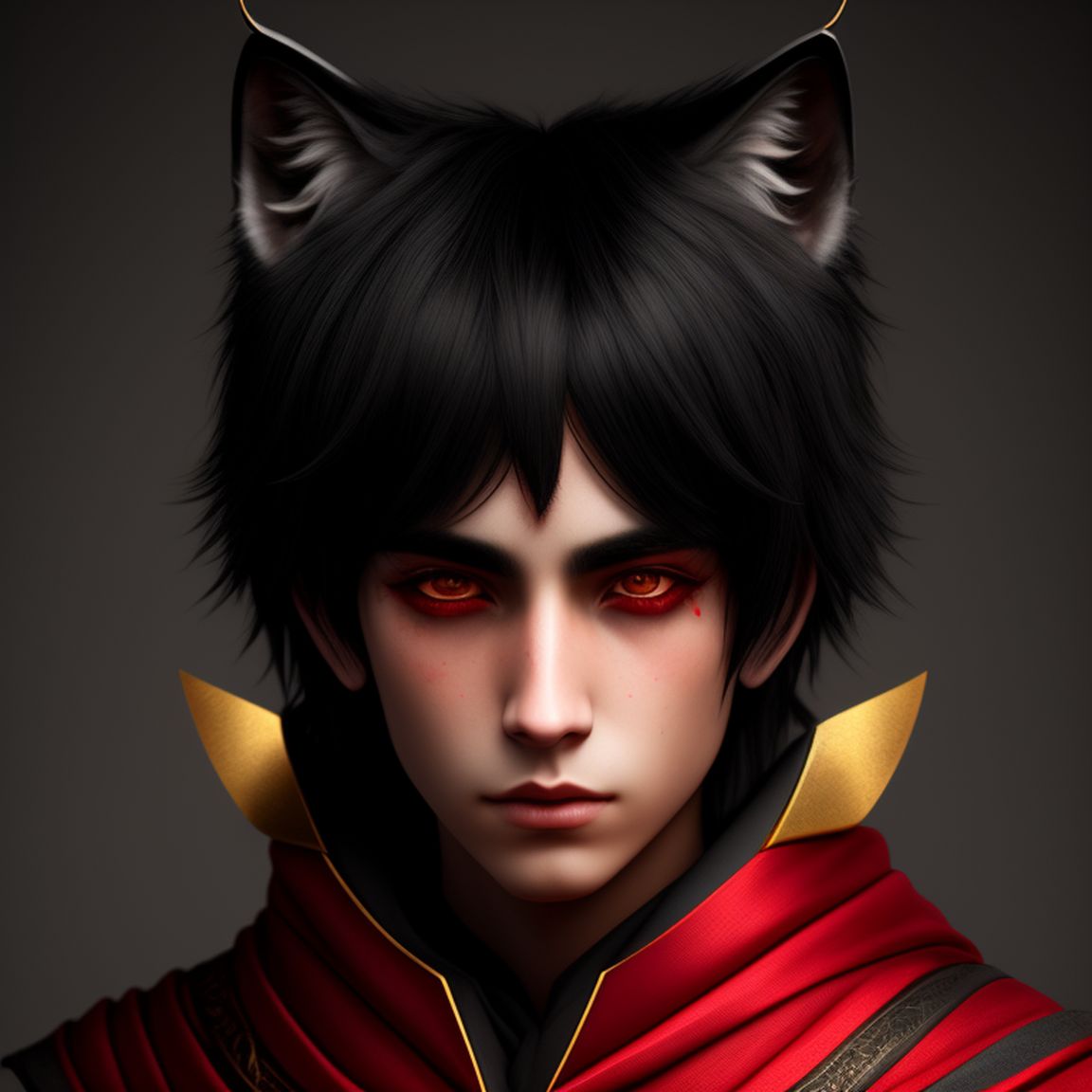 KookyCreator: portrait, 8k, realistic, high definition, emo boy with black  hair and black wolf ears wearing red and gold wizard robes