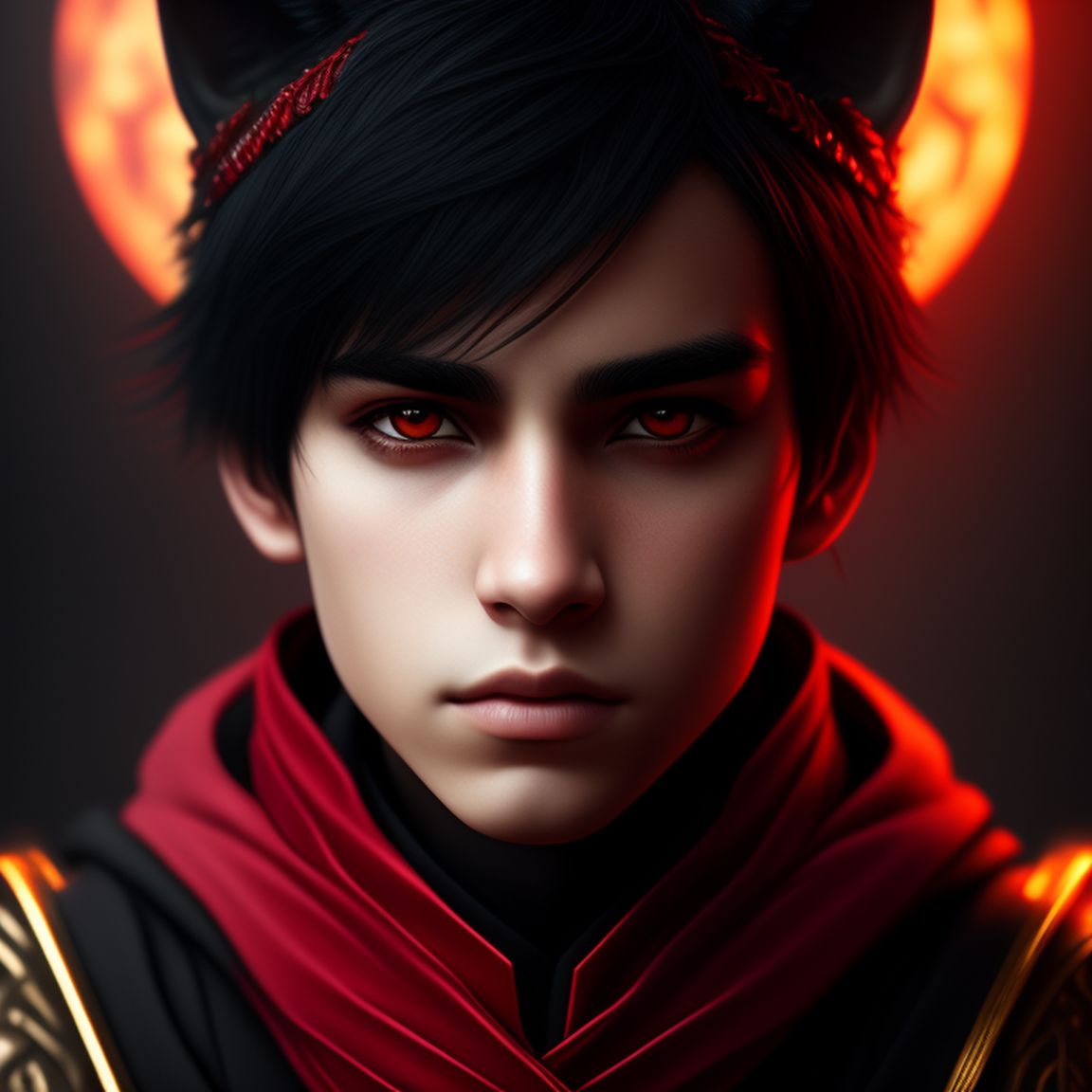 KookyCreator: portrait, 8k, realistic, high definition, emo boy with black  hair and ears of a black wolf wearing red and gold wizard robes