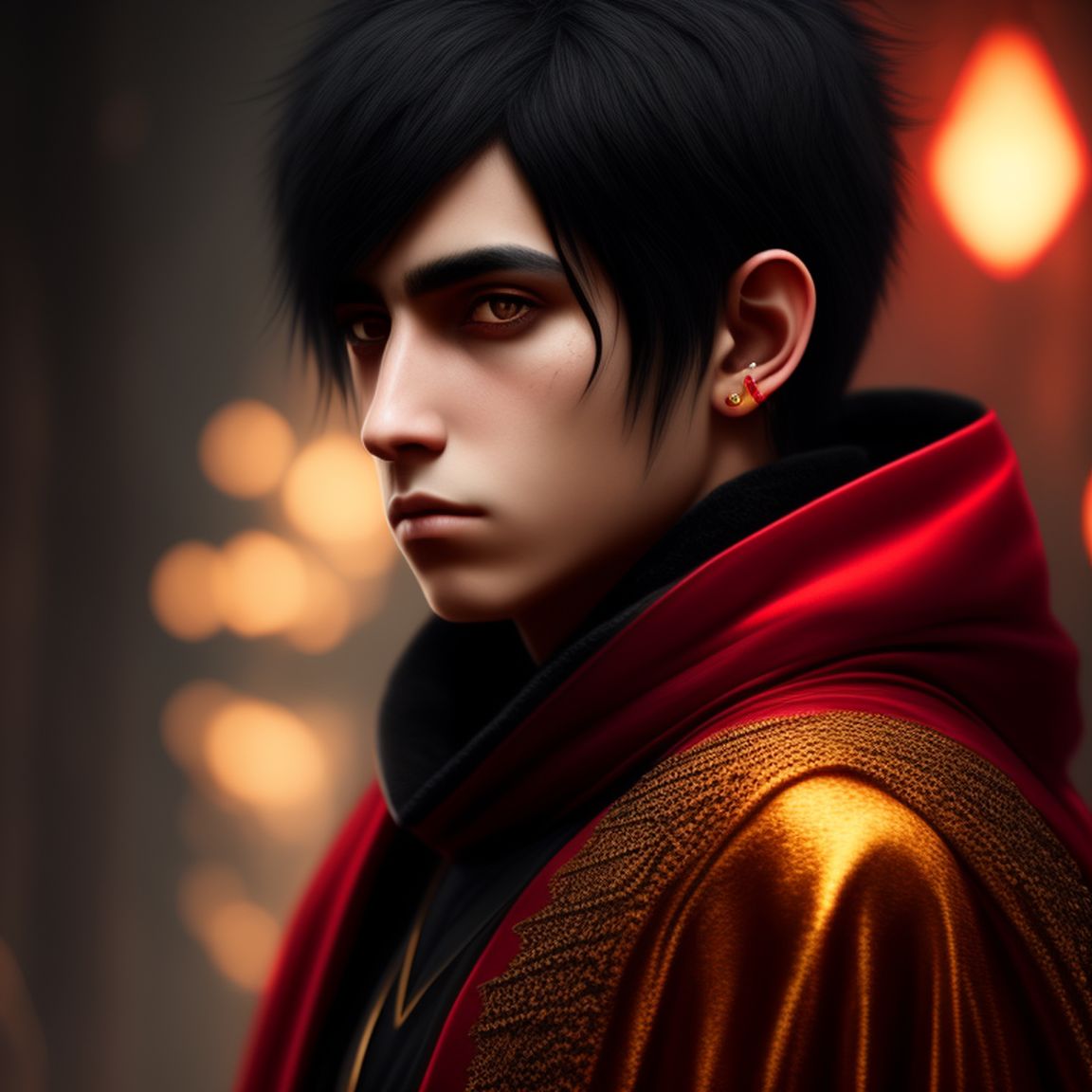 KookyCreator: portrait, 8k, realistic, high definition, emo boy with black  hair and ears of a black wolf wearing red and gold wizard robes