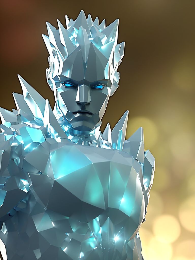 photorealistic rendered in 3d with dramatic light effects and high resolution textures,   Beautiful and Hyperrealistic master character portrait, realistic lighting, humanoid made entirely out of smooth faceted silvery metal, half smiling,  large blue crystals protruding from shoulders and back, armored Breastplate made of flat angular silver metal with glowing blue lines that resemble intricate runes,  small clusters of small blue crystals between armor and larger crystals, skin on face is smooth flat angular silver metal, hair is made of large blue crystals that protrude from the top of the head angled, middle aged Male, bright glowing blue eyes, large crystals protruding from head, background is nighttime city setting, Gritty, colorful fantasy, Detailed, digital portrait, fiverr dnd character, Wlop, stanley artgerm lau, Ilya Kuvshinov, HD, Octane render, Hyperrealism, fantasy  style, Rim lighting, perfect line quality, high pretty realistic quality, Centered, dark outlines, perfect white balance, color grading, 16K, Dynamic pose, Sharp, Sharp edges, Minimalist, Clean, Highly detailed, Sharp focus, Cool lighting, Artstation, intricate detailed, Vibrant, intricate detailed,, in a luxury crytal glass sphere with stand base, with a lot of cute little details and lights, cute illuminating  and nice colored, maximum resolution