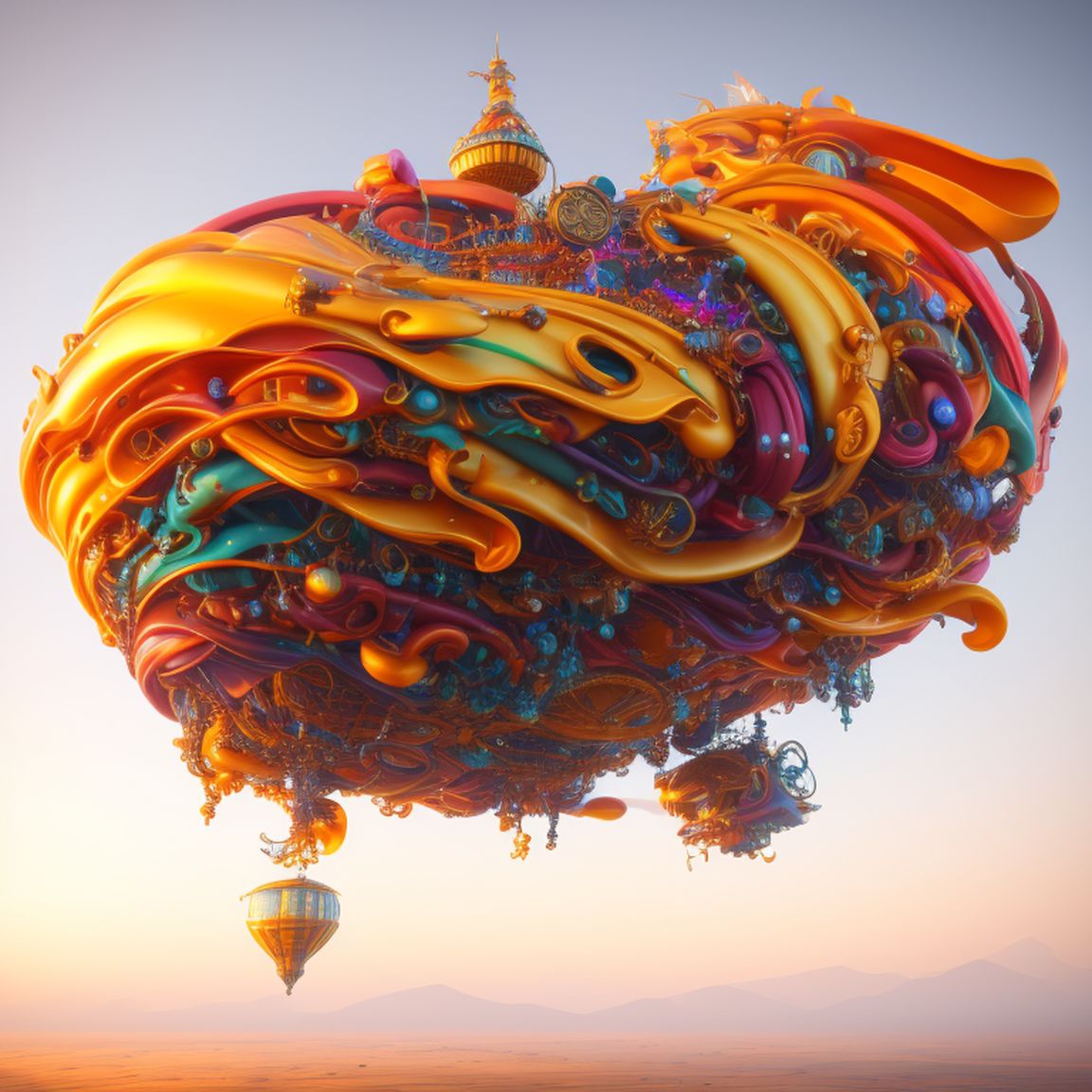 Steampunk magic airship, 4d abstract fluid artwork rendered in unreal engine 5, 4k, super highly detailed ribbons of color floating and contorting, amazing composition, non newtonian fluid dynamics, dynamic shape of subject, 8k render, Octane render, explosive colors, Sharp details, 3D