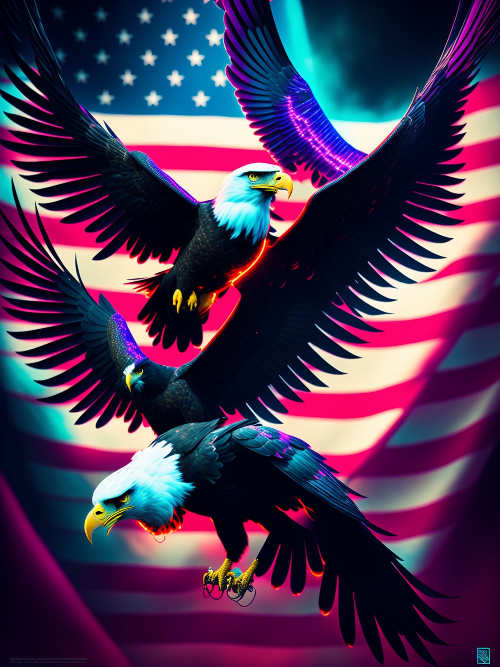 subtle-rook261: A fierce eagle in vibrant light flying over an American