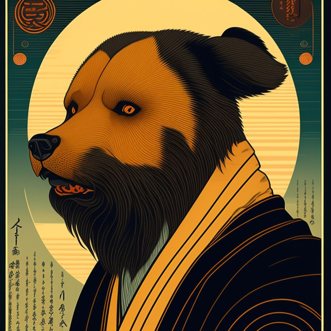 Grizz.co , slanted-eyed person in the style of traditional japanese woodblock prints, using a warm color palette, with vivid details and intricate patterns, Highly detailed, Trending on Artstation, by artists such as katsushika hokusai, utagawa hiroshige, and taiso yoshitoshi.
