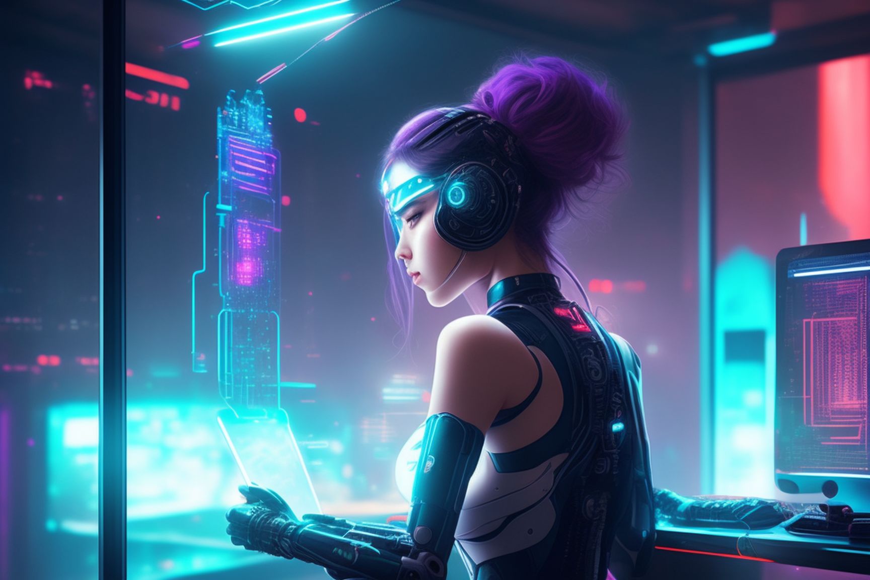 tart-falcon137: In a world where creativity and artificial intelligence  intersect, there exists a girl who finds inspiration in the realm of  content generated by AI. Picture her sitting in front of a