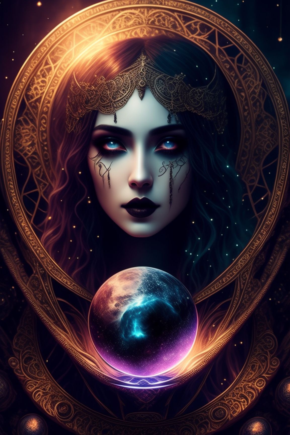 Centered, Photography, Realistic, ornate, intricate details, beautiful moon goddess, magic crystal ball, gothic style, hyper-realistic fantasy art, digital illustration, full shot, black colorful, Cinematic, Beautiful, Ultra detailed, Dramatic Lighting