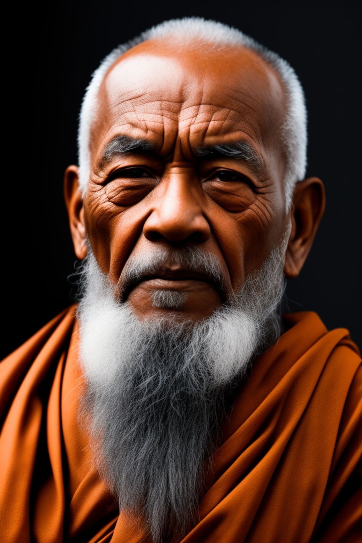 eager-eland68: old man, hard, black background, hard, monk, face front,  smart